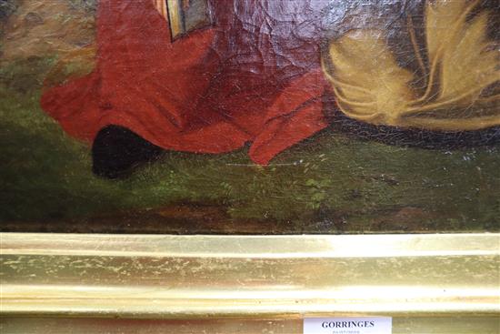 Pre Raphaelite School, oil on canvas, Figures in a landscape, 33 x 35cm.